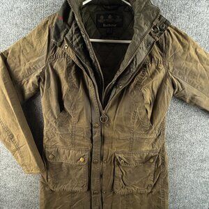 Barbour Helsby Green Insulated Waxed Jacket Women Full Zip Size 4 US Winter Long